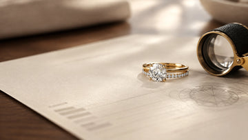 A diamond engagement ring beside a softly blurred grading report and jeweller’s loupe