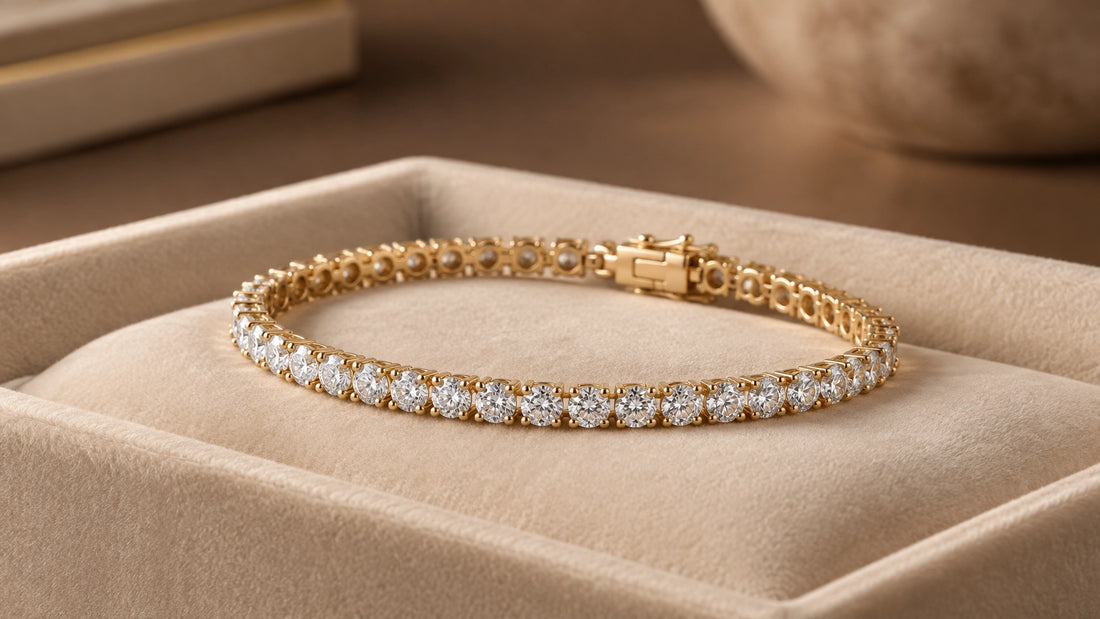 Bespoke diamond tennis bracelet in yellow gold on ivory velvet