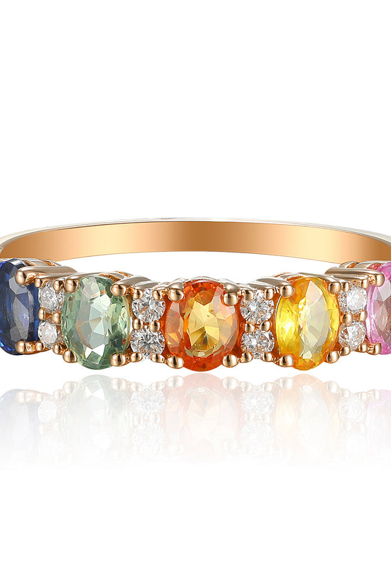 Claw Set Oval Cut Multi Colour Sapphire & Round Diamond Half Eternity Ring