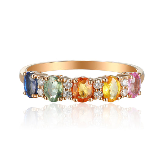 Claw Set Oval Cut Multi Colour Sapphire & Round Diamond Half Eternity Ring