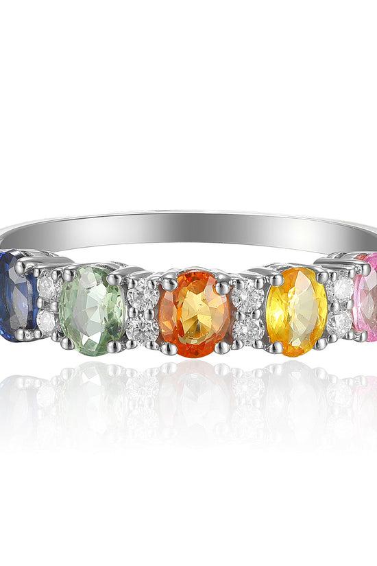 Claw Set Oval Cut Multi Colour Sapphire & Round Diamond Half Eternity Ring
