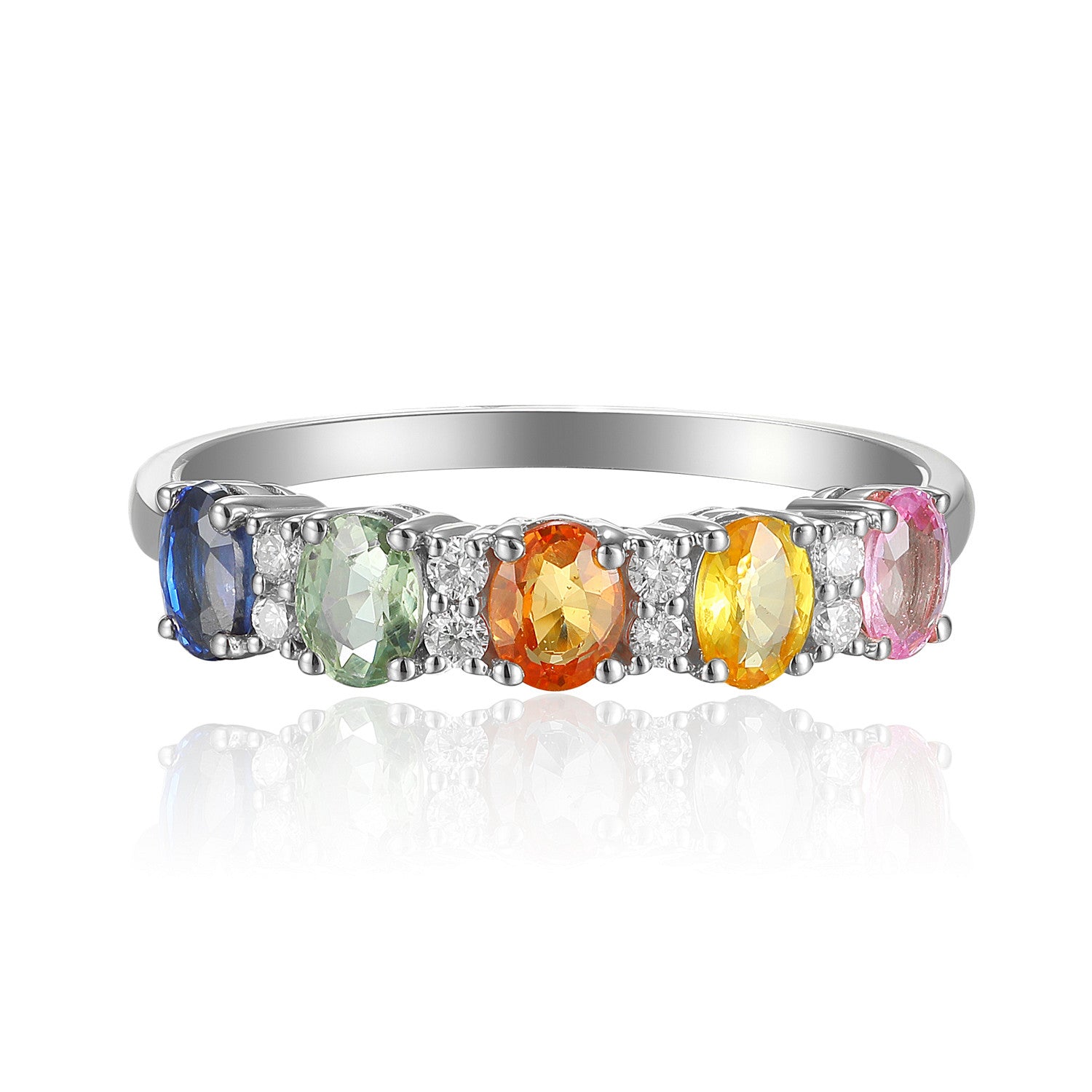 Claw Set Oval Cut Multi Colour Sapphire & Round Diamond Half Eternity Ring