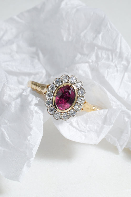 Farah Oval  Ruby Halo Ring in 18K Yellow Gold