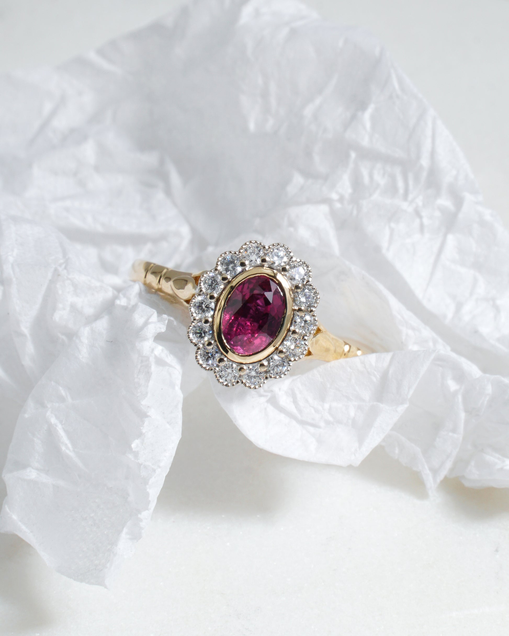 Farah Oval  Ruby Halo Ring in 18K Yellow Gold