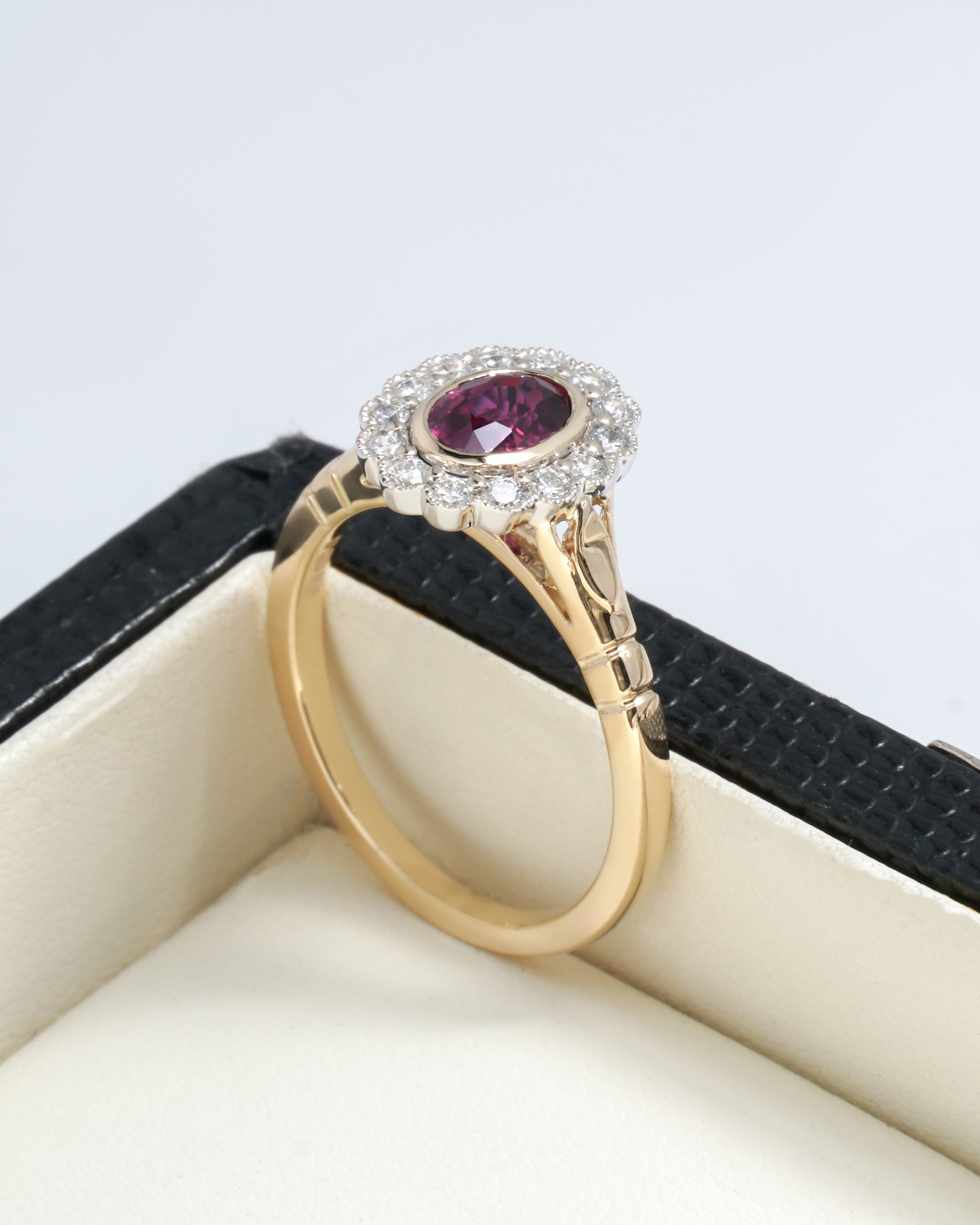 Farah Oval  Ruby Halo Ring in 18K Yellow Gold