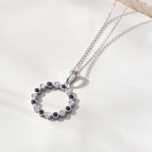 Blue Sapphire & Lab-Grown Diamond Circle Pendant Necklace in 18K White Gold