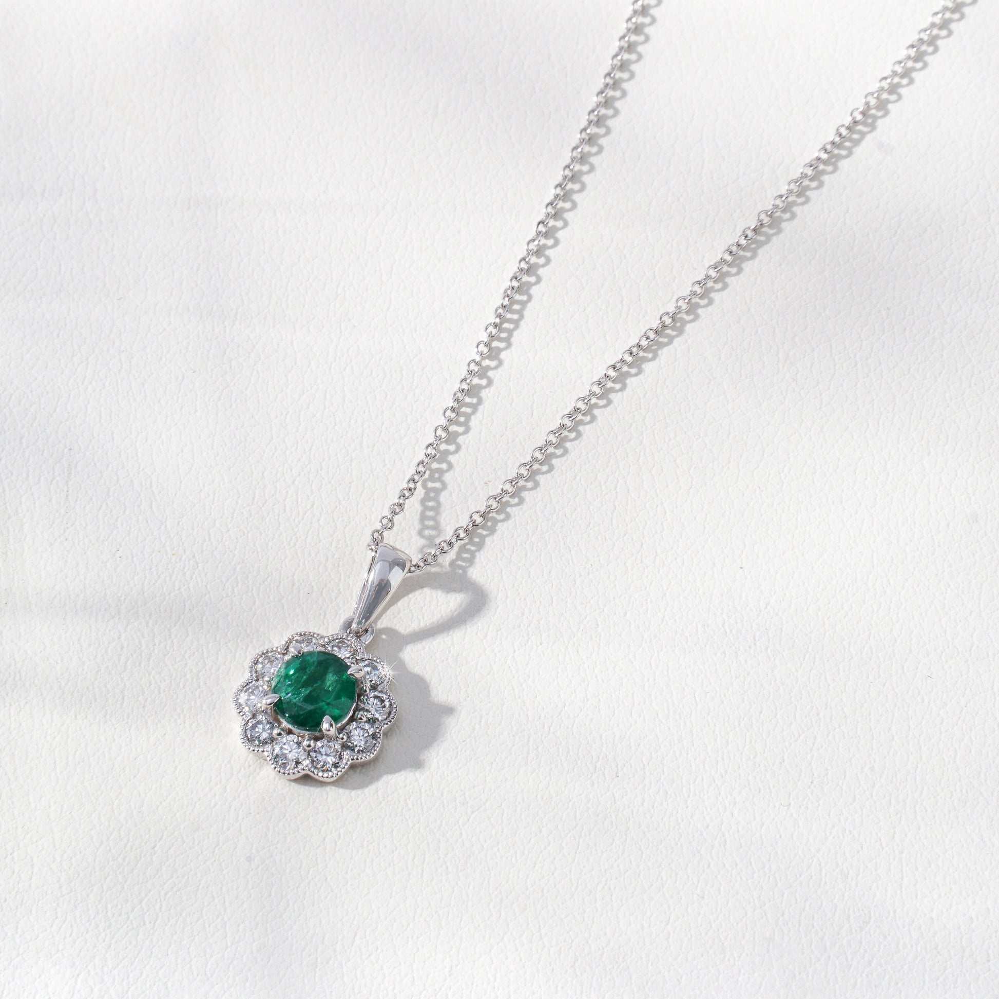 Emerald & Lab-Grown Diamond Halo Pendant Necklace in 18K White Gold