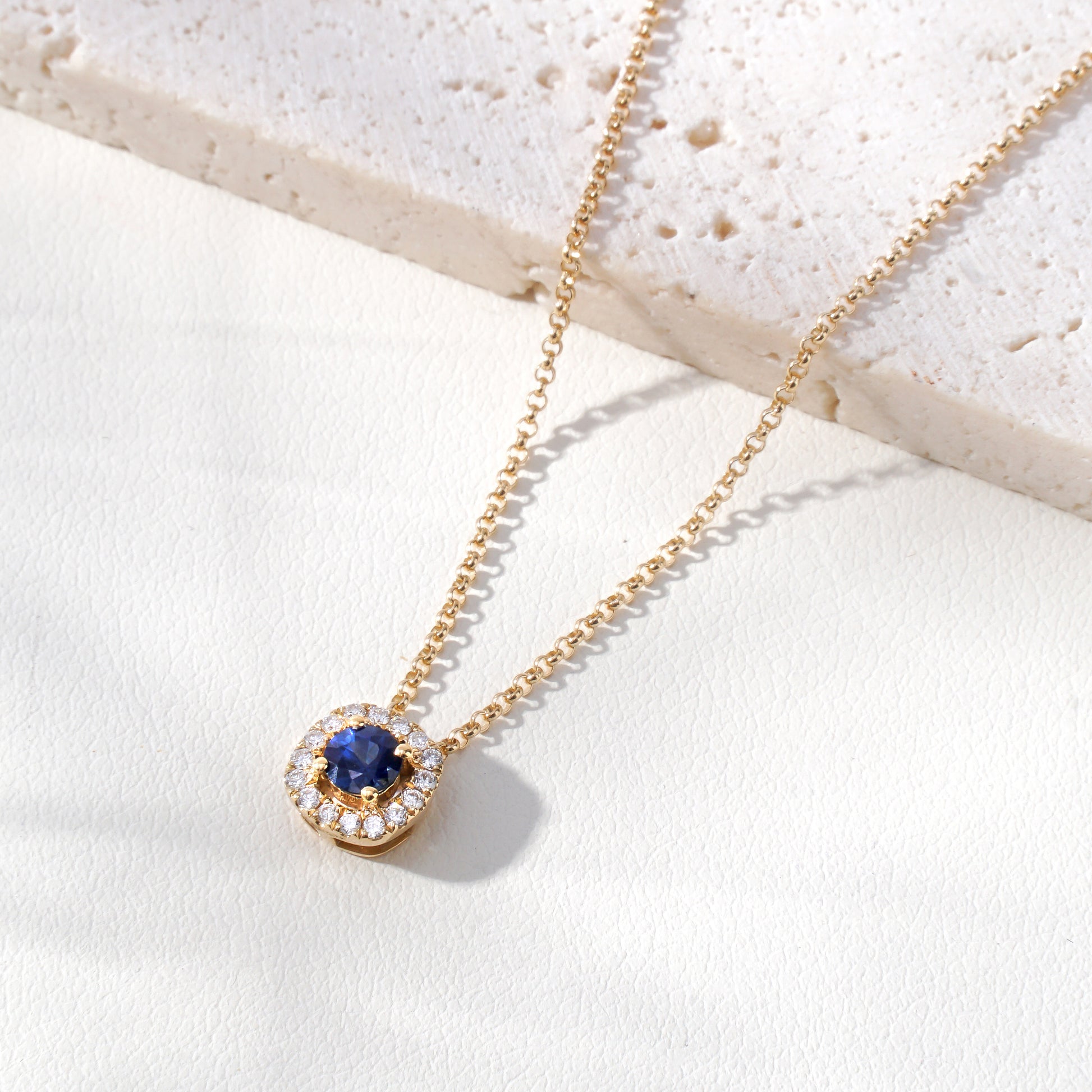 Blue Sapphire & Lab-Grown Diamond Halo Pendant Necklace in 18K Yellow Gold