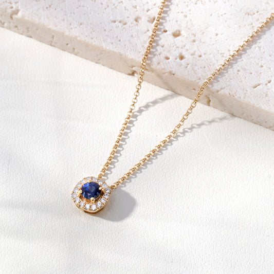 Blue Sapphire & Lab-Grown Diamond Halo Pendant Necklace in 18K Yellow Gold