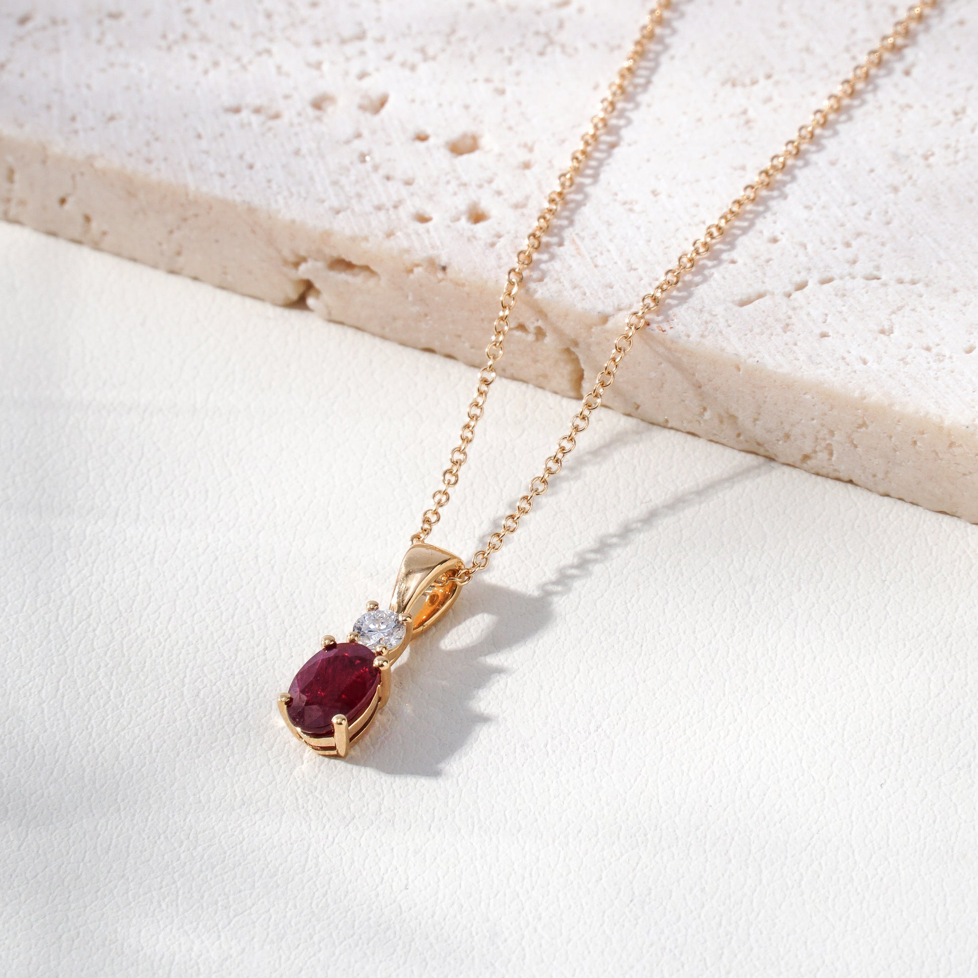 Oval Ruby & Diamond Drop Pendant Necklace in 18K Yellow Gold