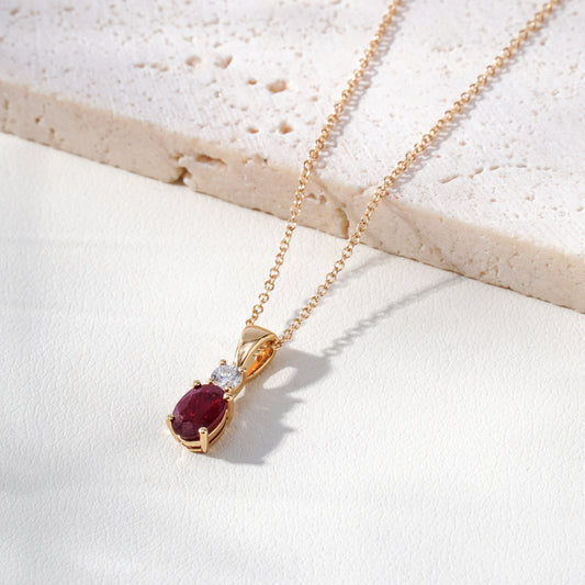 Oval Ruby & Diamond Drop Pendant Necklace in 18K Yellow Gold