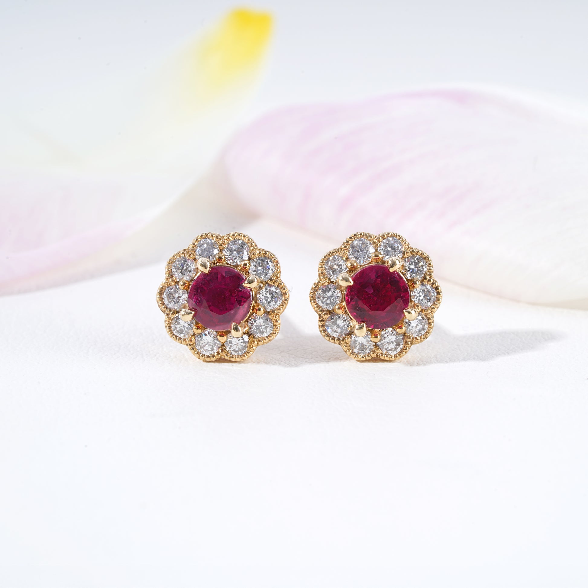 Ruby & Diamond Halo Stud Earrings in 18K Yellow Gold