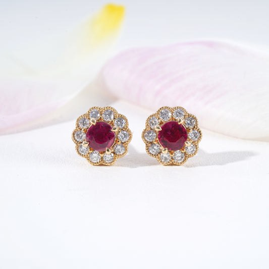 Ruby & Diamond Halo Stud Earrings in 18K Yellow Gold