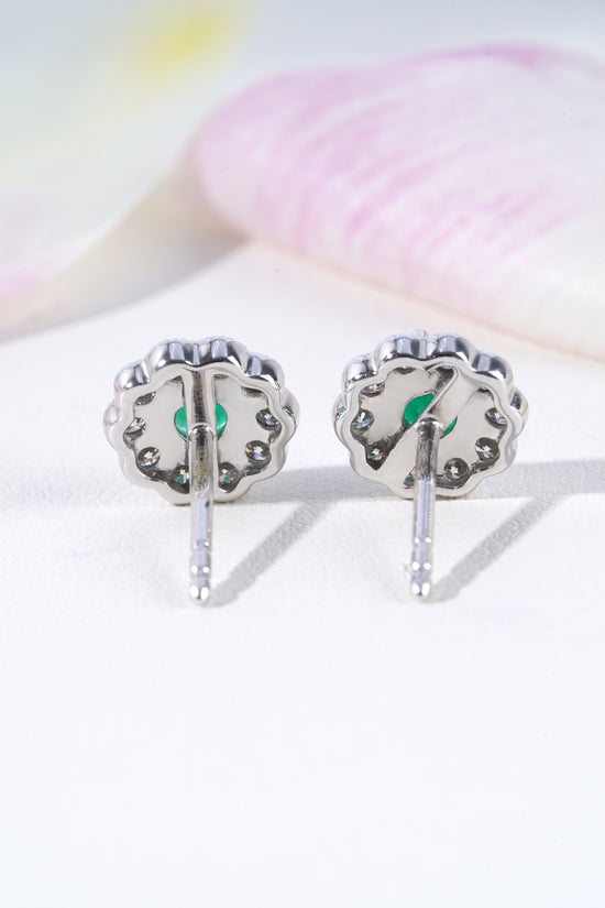 Emerald & Lab-Grown Diamond Halo Earrings in 18K White Gold