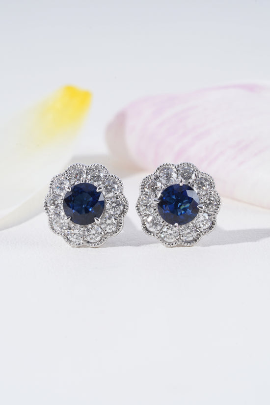 Blue Sapphire & Diamond Halo Earrings in 18K White Gold