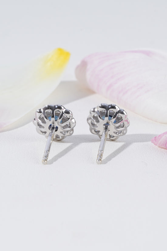 Blue Sapphire & Diamond Halo Earrings in 18K White Gold