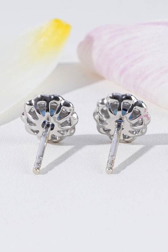 Blue Sapphire & Diamond Halo Earrings in 18K White Gold