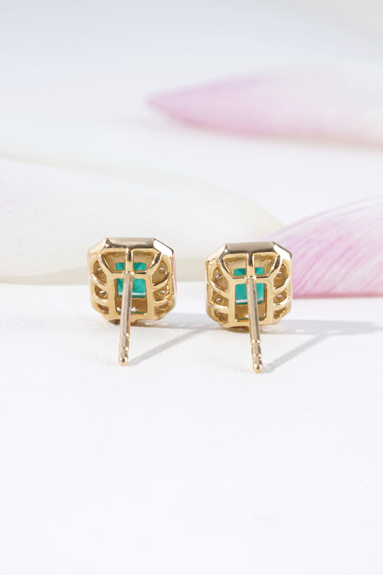Emerald & Diamond Stud Earrings in 18K Yellow Gold