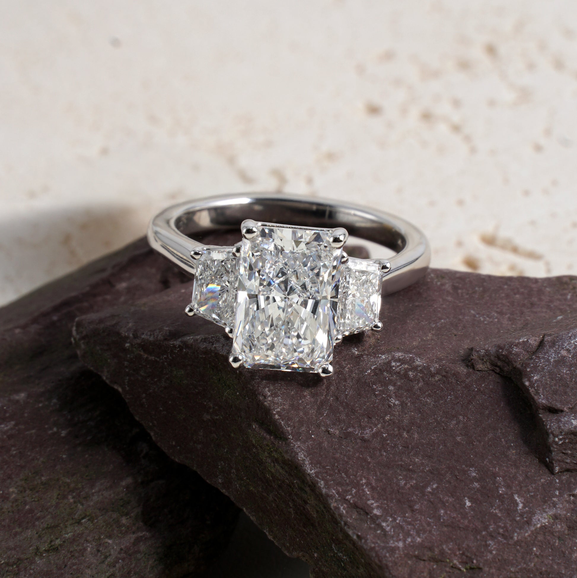 Cove Radiant-Cut Lab-Grown Diamond & Trapezium Trilogy Ring in Platinum
