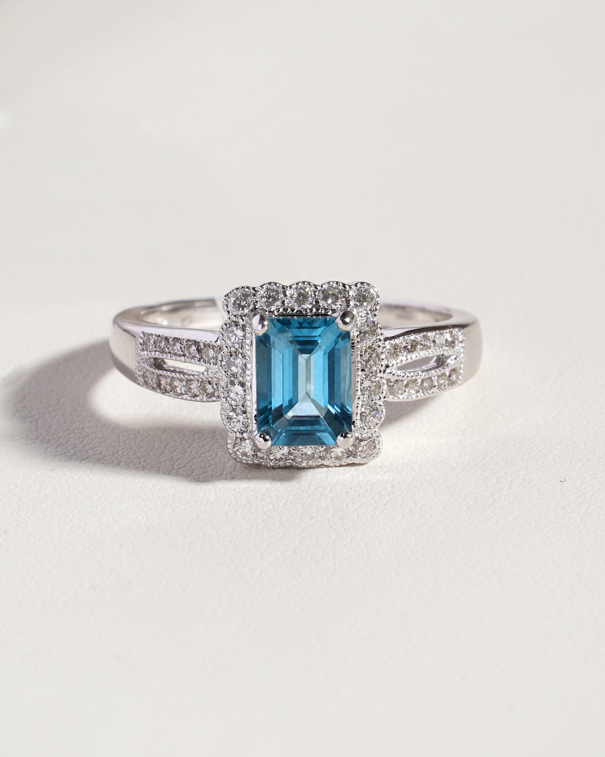 Lud  Natural Emerald-Cut Aquamarine &  Natural Diamond Split Shank Halo Ring in 18K White Gold
