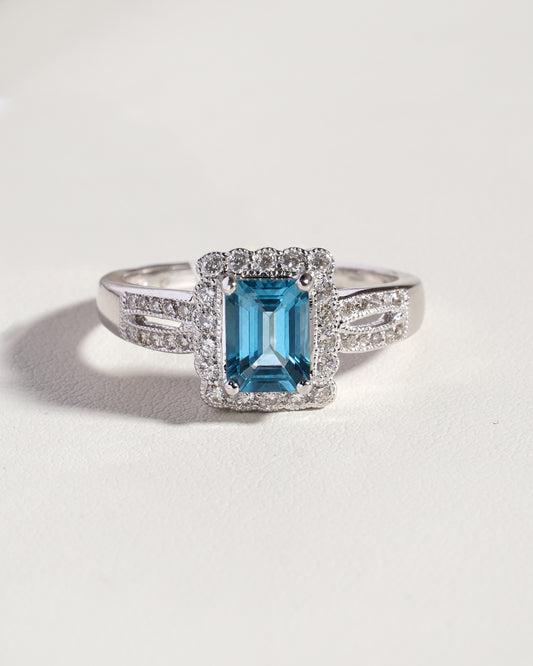 Lud  Natural Emerald-Cut Aquamarine &  Natural Diamond Split Shank Halo Ring in 18K White Gold