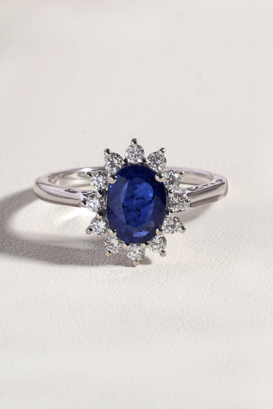 Eira Blue  Natural  Sapphire &  Natural  Diamond Halo Ring in 18K White Gold