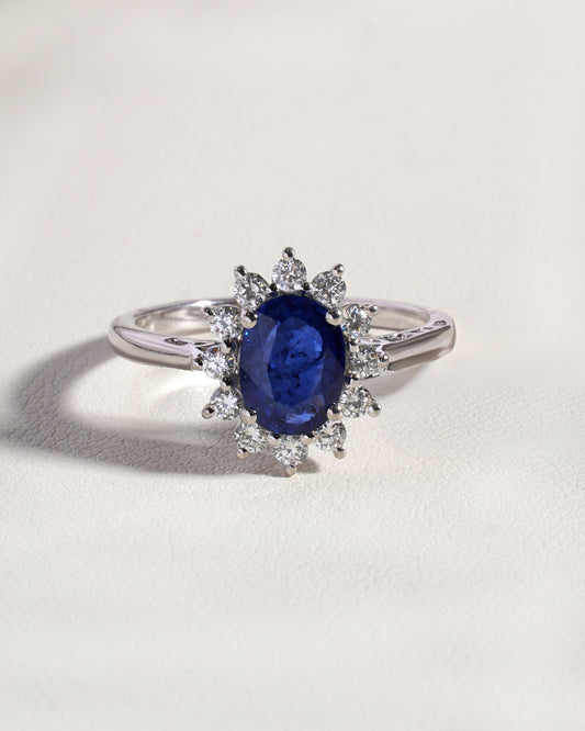 Eira Blue  Natural  Sapphire &  Natural  Diamond Halo Ring in 18K White Gold