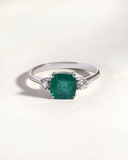Oona  Natural Green Emerald &  Natural  Diamond Trilogy Ring in 18K White Gold