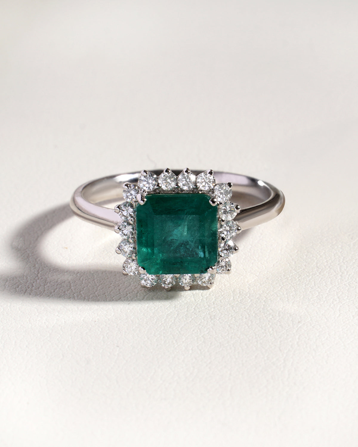 Mira Green  Natural Emerald &  Natural  Diamond Halo Ring in 18K White Gold