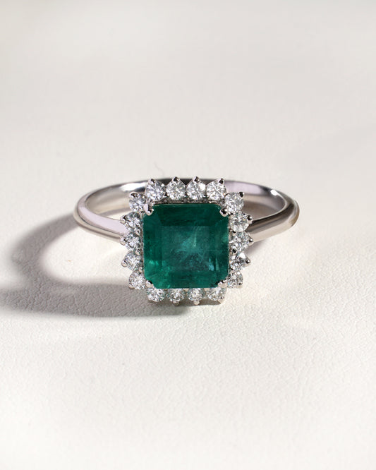 Mira Green  Natural Emerald &  Natural  Diamond Halo Ring in 18K White Gold