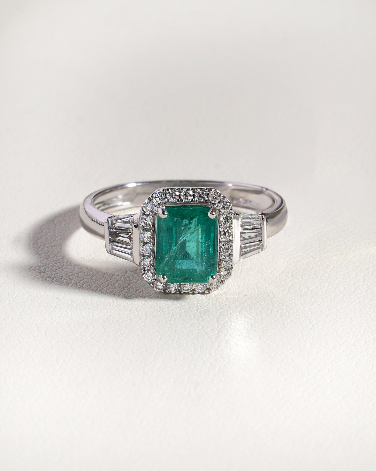 Kaia  Natural Green Emerald &  Natural  Diamond Trilogy Halo Ring in 18K White Gold