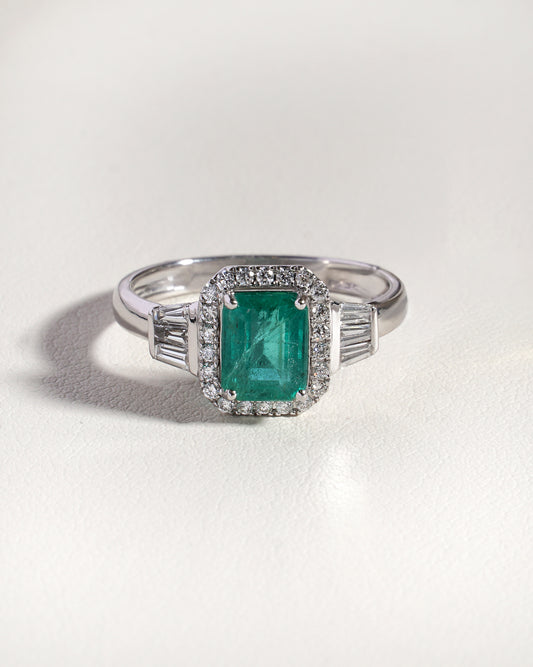 Kaia  Natural Green Emerald &  Natural  Diamond Trilogy Halo Ring in 18K White Gold
