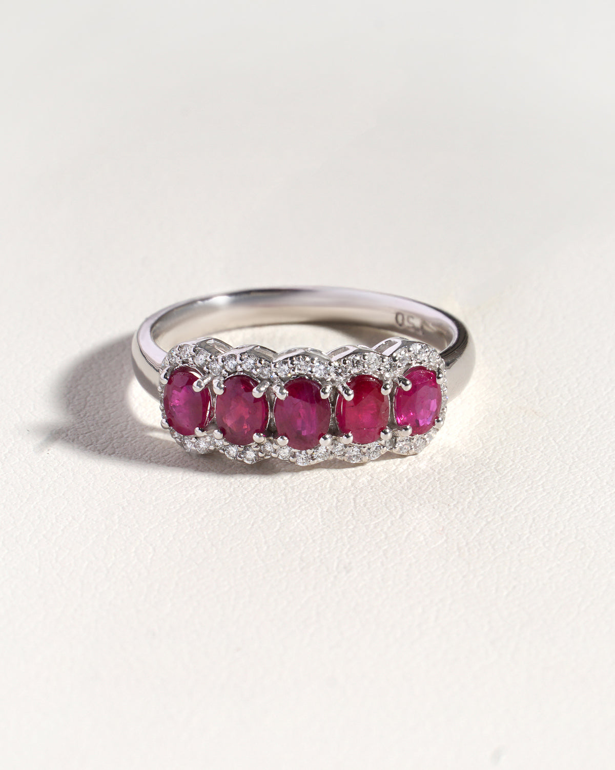Sora  Natural Ruby &  Natural Diamond 5 Stone Eternity Band with Halo in 18K White Gold