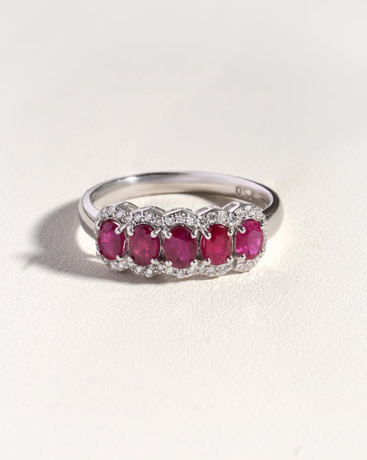 Sora  Natural Ruby &  Natural Diamond 5 Stone Eternity Band with Halo in 18K White Gold