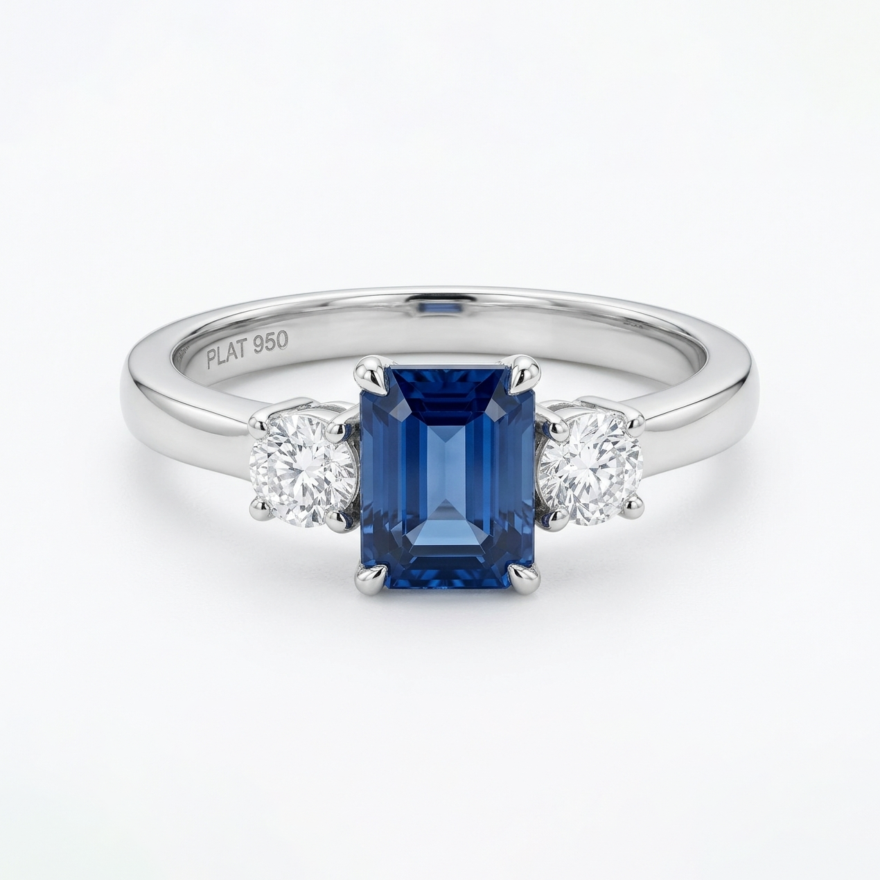 Blue Sapphire Trilogy Emerald cut with round cut diamond sides