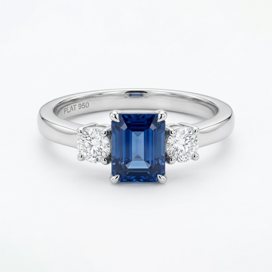 Blue Sapphire Trilogy Emerald cut with round cut diamond sides