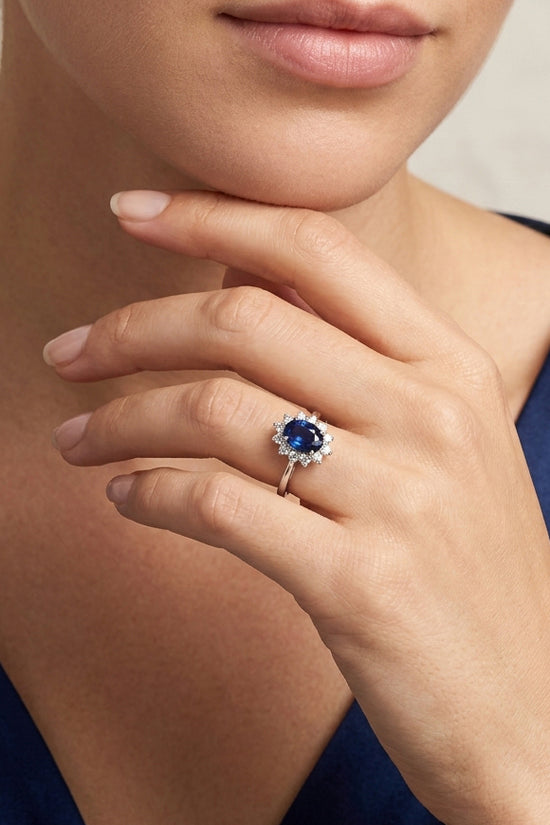 Eira Blue  Natural  Sapphire &  Natural  Diamond Halo Ring in 18K White Gold