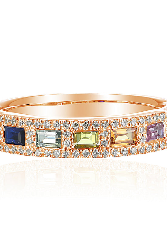 Micro & Grain Set Baguette Cut Multi Colour Sapphire & Round Diamond Ring