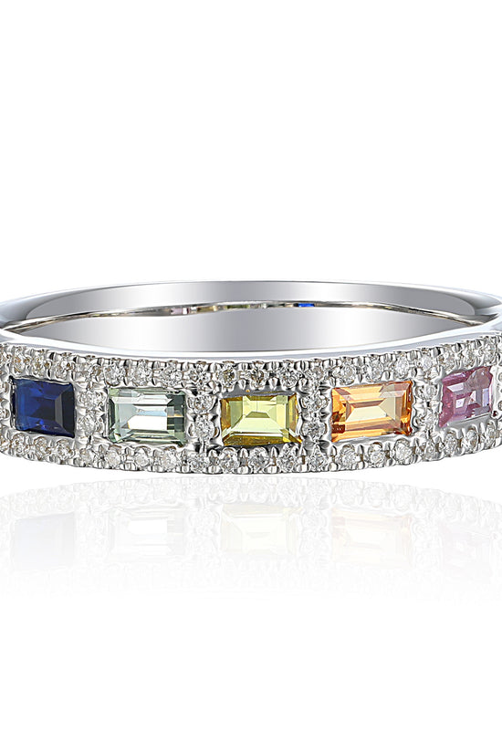 Micro & Grain Set Baguette Cut Multi Colour Sapphire & Round Diamond Ring