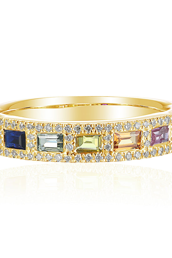Micro & Grain Set Baguette Cut Multi Colour Sapphire & Round Diamond Ring