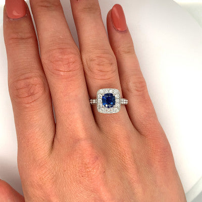 Natural Blue Sapphire Halo with Shoulder Diamonds with Mill Grain Edges