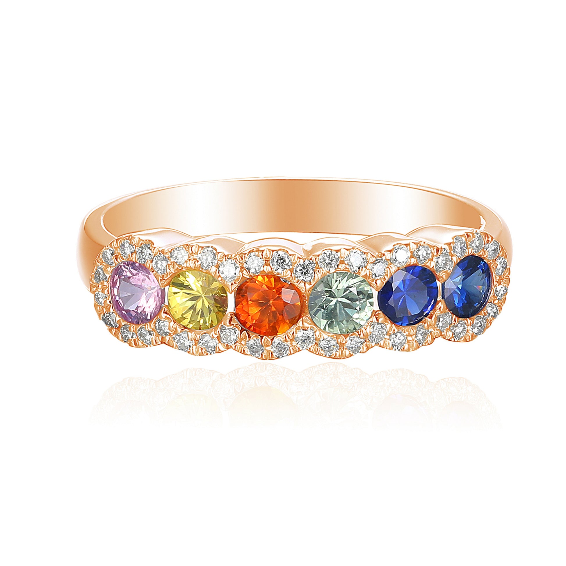 Rubover Set Round Multi Colour Sapphire Diamond Halo Half Eternity Statement Ring