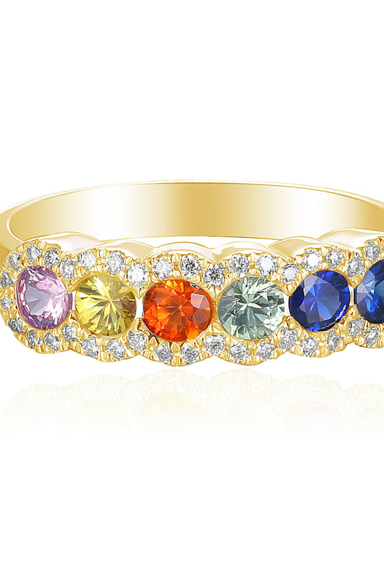 Rubover Set Round Multi Colour Sapphire Diamond Halo Half Eternity Statement Ring