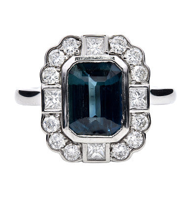 Teal Sapphire with Halo Bazel Round and Princess Cut Diamond