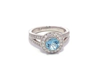 Natural Aquamarine Halo & Twin Row  Shoulder Diamonds with Mill Grain Edges